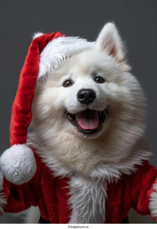 Smiling Samoyed Dog Wearing Santa Hat