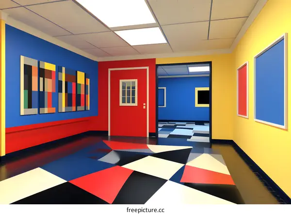 Modern Interior Design Hallway With Colorful Walls And Geometric Art