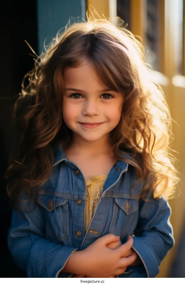 Little girl with long brown hair smiling wearing a blue jean jacket
