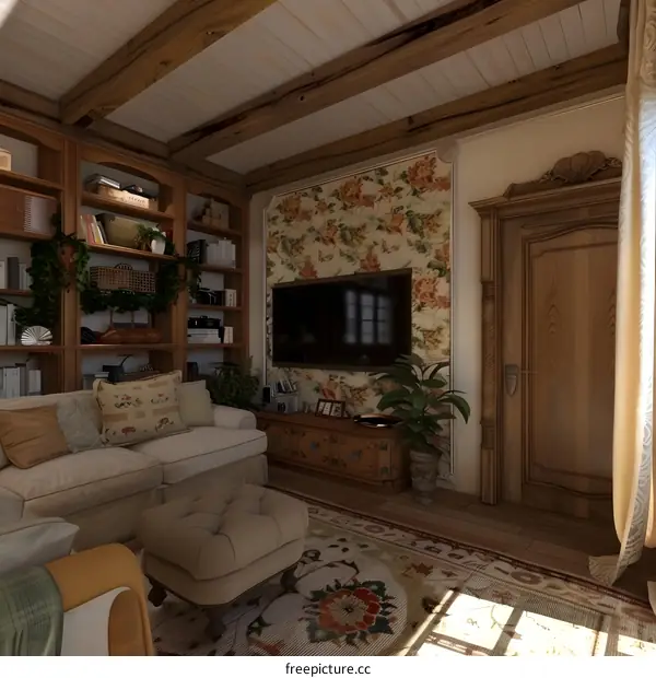 Rustic Living Room with Floral Wallpaper and Wooden Beams