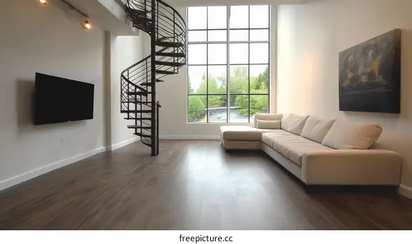 Modern Loft Living Room with Spiral Staircase