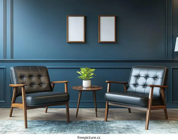 Mid-Century Modern Living Room with Dark Blue Walls