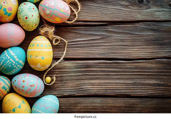 Easter Eggs Decorated on Wooden Background