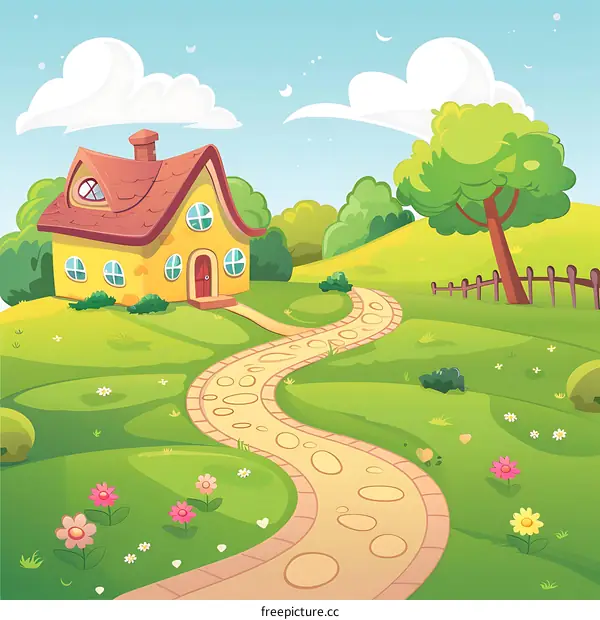 Yellow House on a Hill with Winding Path