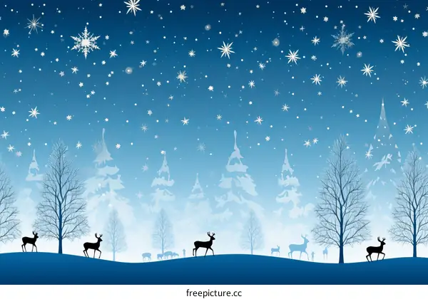 A group of deers walking in a snowy forest with stars in the night sky