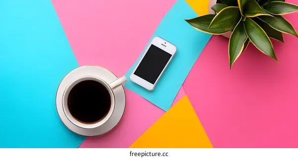 Flat Lay Coffee Cup Phone And Plant On Colorful Background