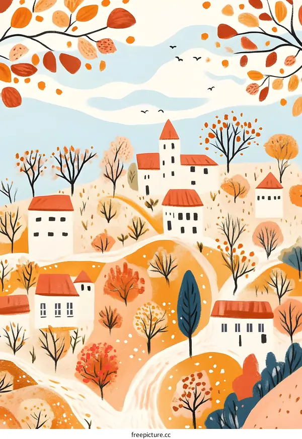 Autumn Village with Orange and Red Trees