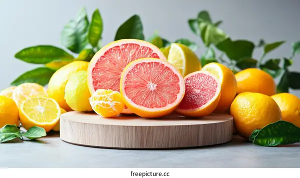 Assortment of Fresh Citrus Fruits on Wooden Board