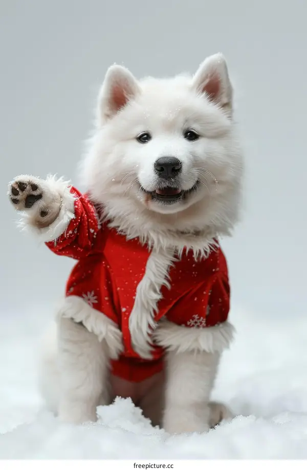 White Puppy Wearing Santa Costume in Snow