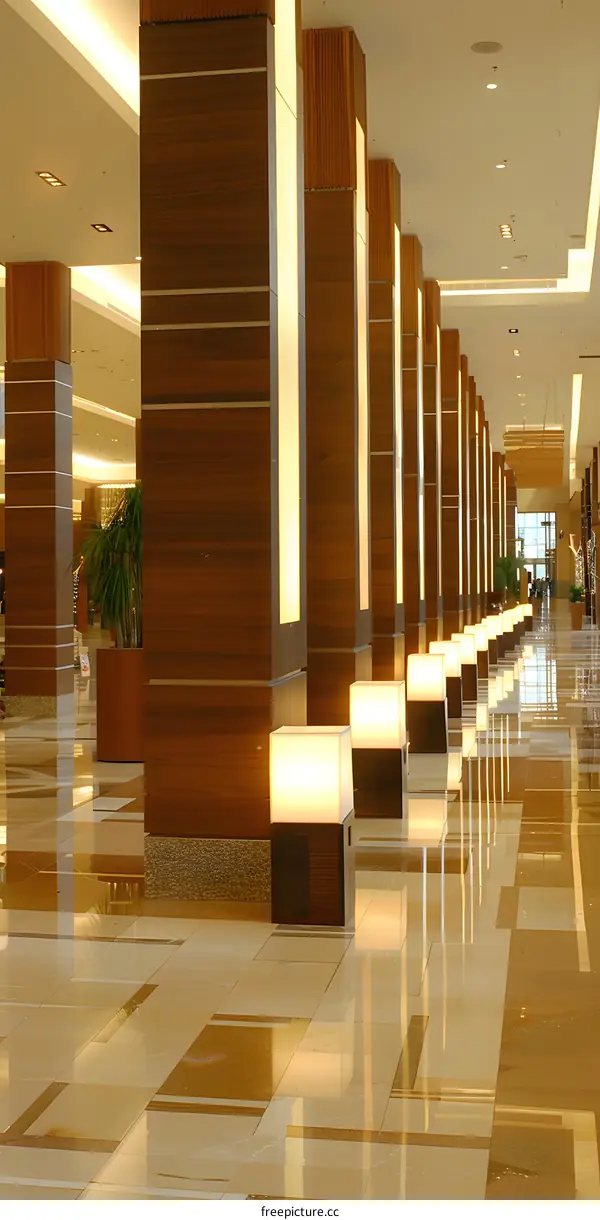Modern Hotel Lobby Interior Design With Wooden Pillars and Lighting