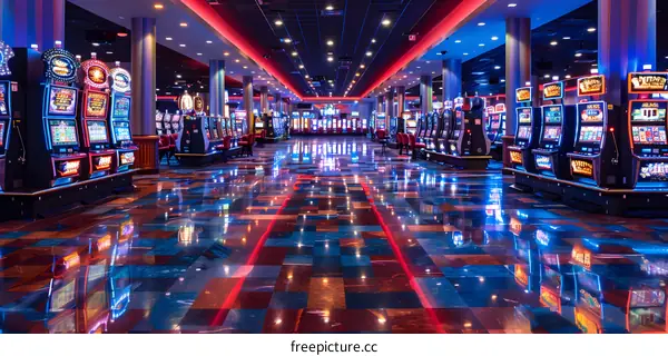 Rows of slot machines in a brightly lit casino with a colorful floor