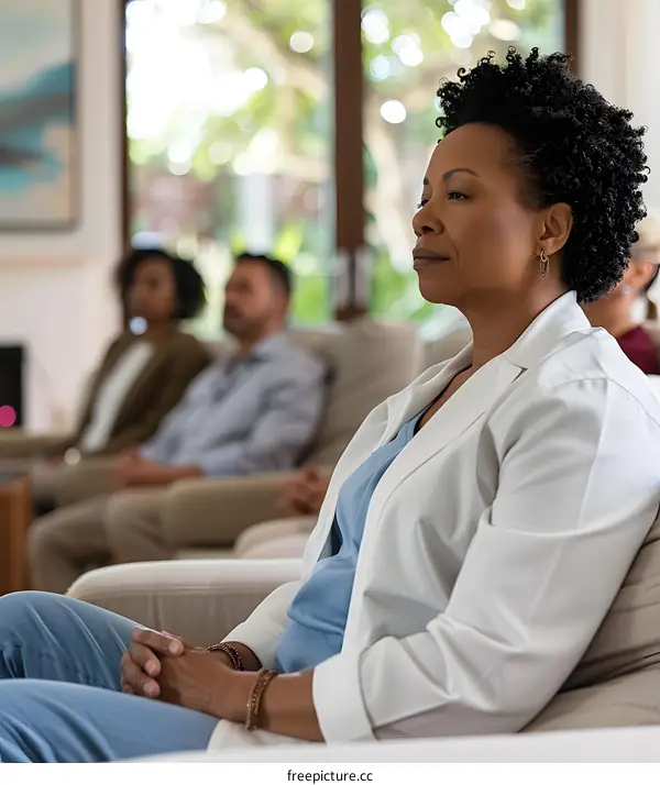 African American Female Doctor Sitting In Waiting Room