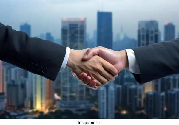 Businessmen shaking hands with cityscape background
