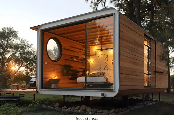 Prefab tiny house exterior with large glass windows and wooden walls