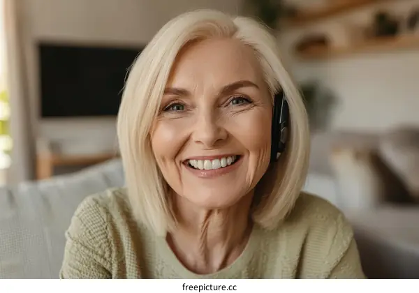 Smiling Senior Woman Wearing Headphones in Home