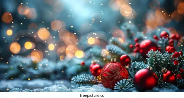 Christmas Background with Festive Red and Gold Ornaments
