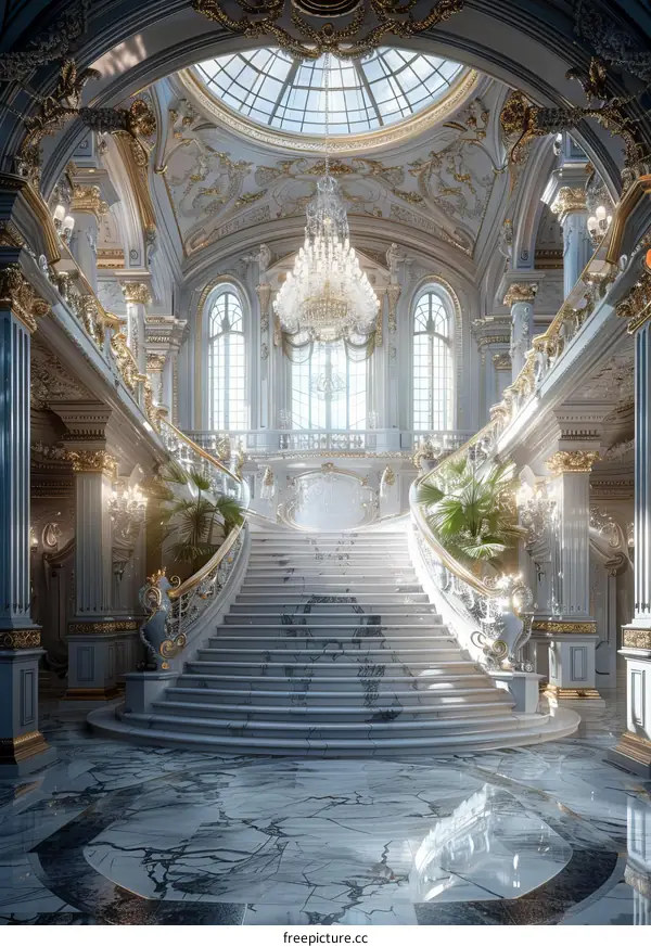 Grand Marble Staircase and Crystal Chandelier in Ornate Entryway