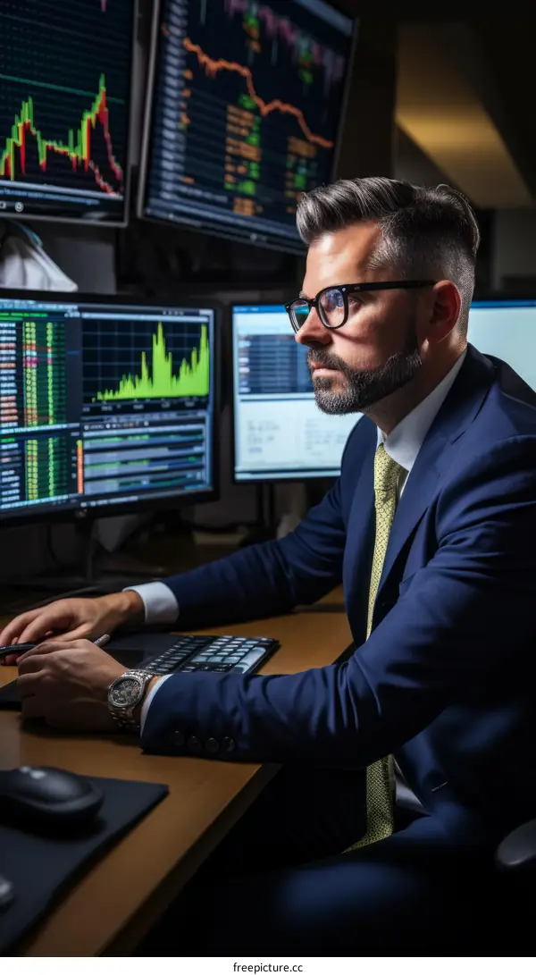 Male stock trader analyzing financial data on multiple computer monitors