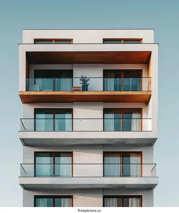 Modern apartment building with glass balconies and wood accents