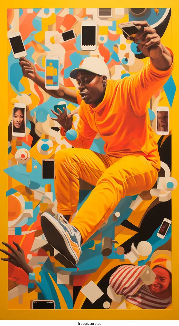 Black Man Jumping with a Bunch of Phones