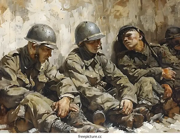 Three soldiers are taking a rest during the war