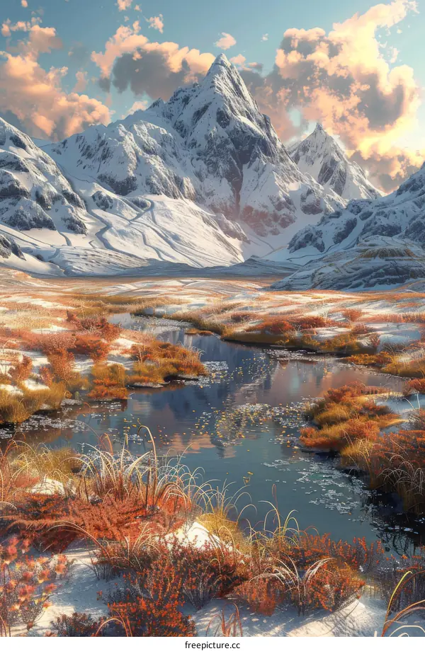 Tranquil Mountain Lake with Snow-Capped Peaks in a Valley of Autumn Foliage