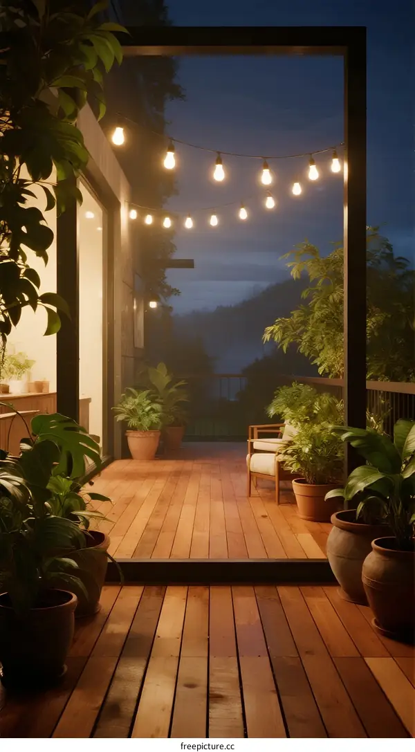 Evening Wooden Deck with String Lights and Potted Plants