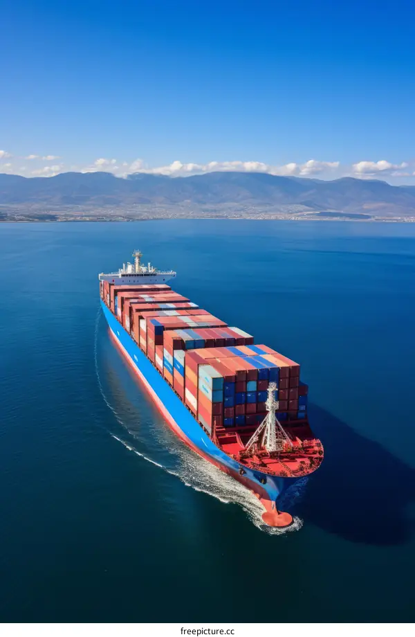 A large container ship sails on the ocean