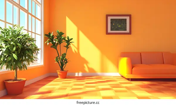 Modern Orange Living Room with Sofa and Plants