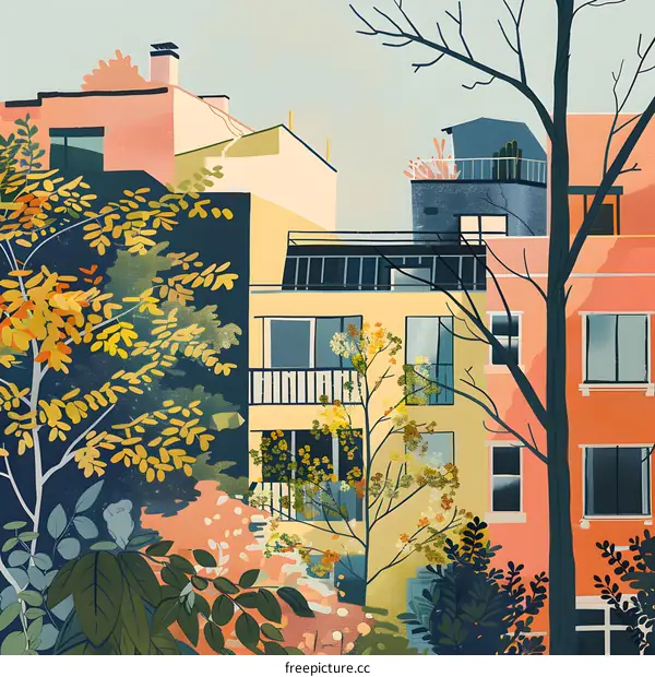 Autumn View of Colorful Buildings in a City