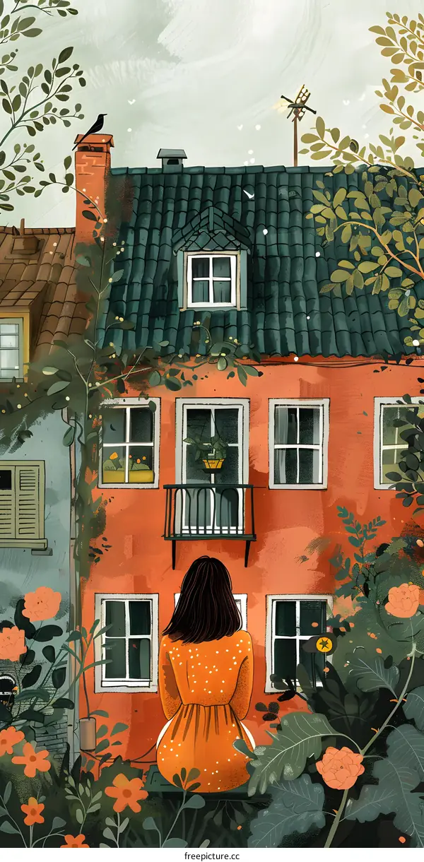 girl looking out window at cityscape