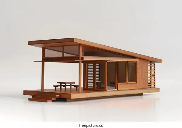Wooden Model of a Modern House with a Porch