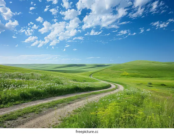 Scenic Landscape with Winding Road through Verdant Hills and Azure Sky with Cumulus Clouds
