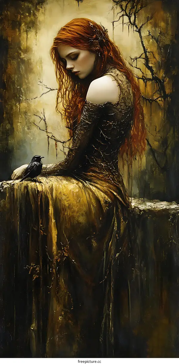 Woman with Red Hair and a Bird in a Forest Setting