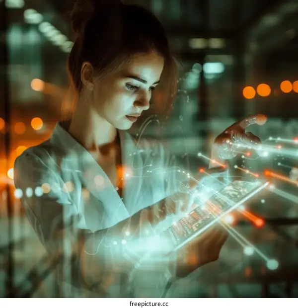 Female Scientist Using Futuristic UI in Lab