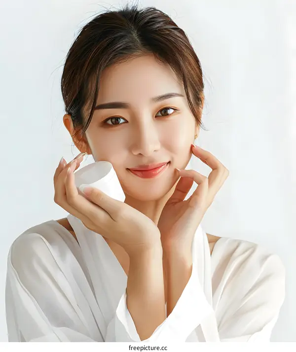Beautiful Asian Woman Applying Facial Cream