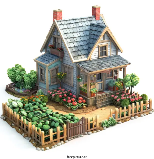 Small Blue Country House With Garden