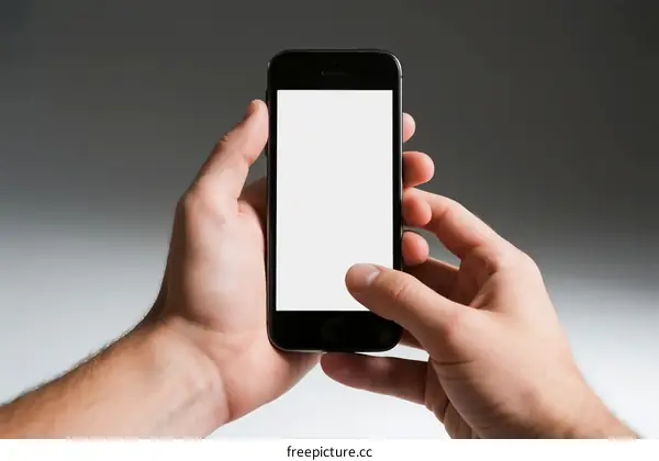 Two hands holding a smartphone with a blank screen