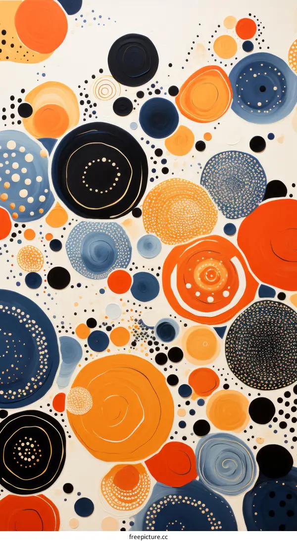 Abstract Painting with Orange, Blue, and Black Circles