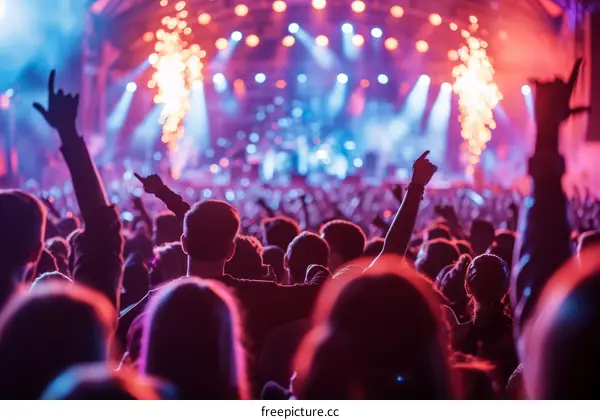 Audience watching a concert with their hands raised in the air