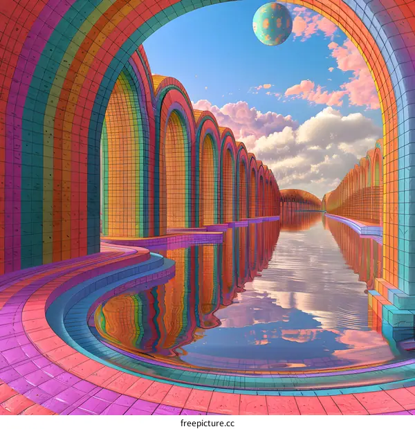 A surreal image of a colorful arched hallway with a blue sky and clouds in the distance.