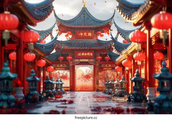 Chinese Courtyard with Red Lanterns and Autumn Leaves