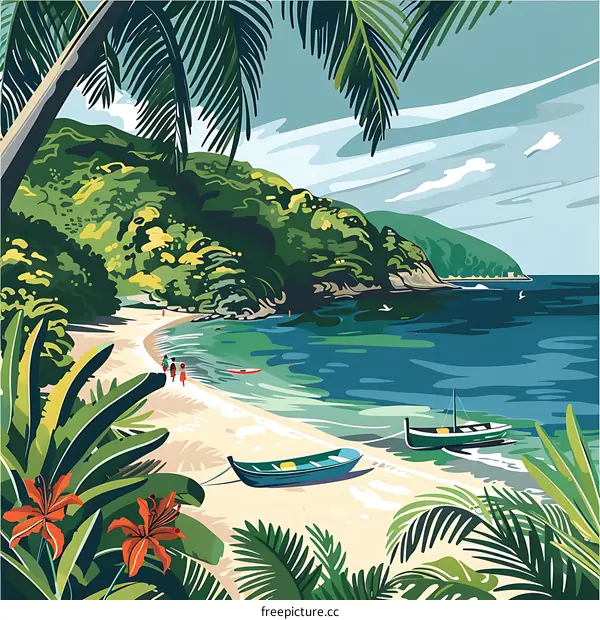 Tropical Island Beach Landscape with Palm Trees and Boats