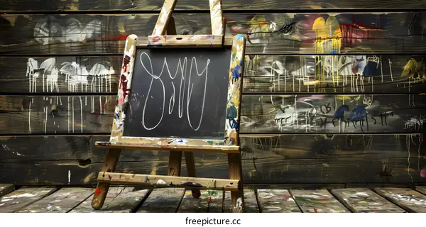 Wooden Easel with Chalkboard and Painted Wood Background