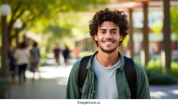 Portrait of a smiling young male college student with curly hair wearing a green shirt and backpack