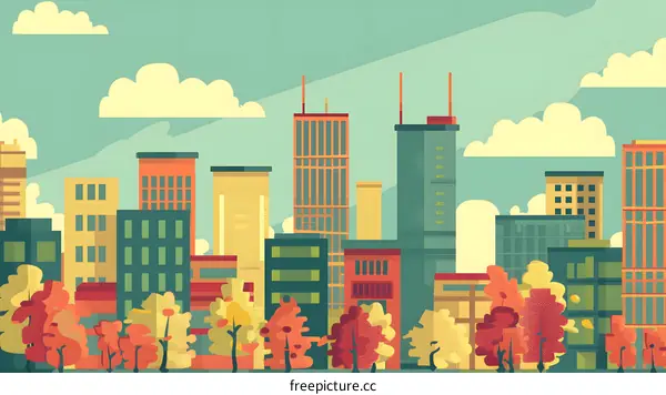 Cityscape with Colorful Buildings and Trees Illustration