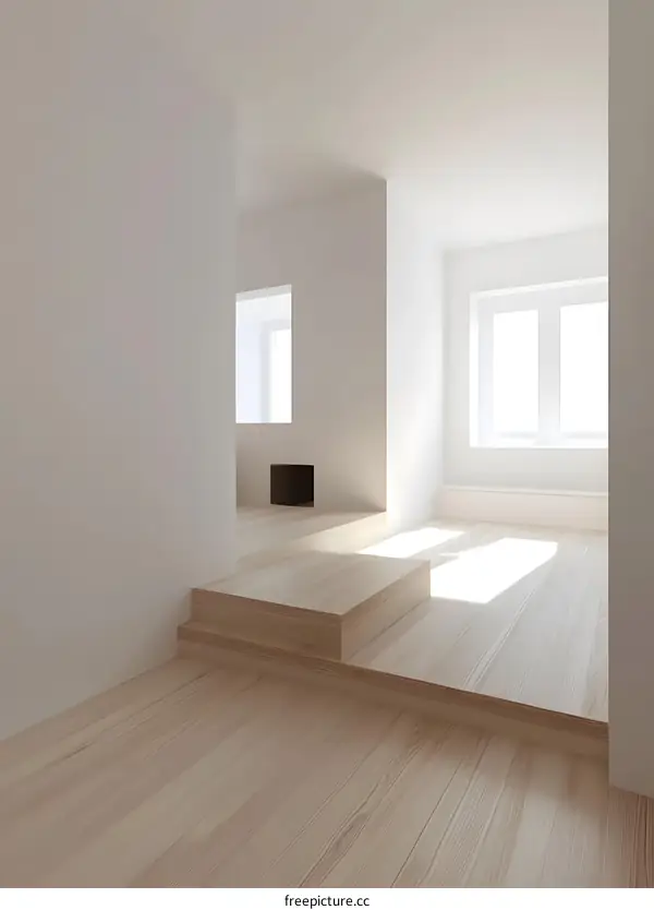 Minimalist Interior Design with Wooden Steps and Windows