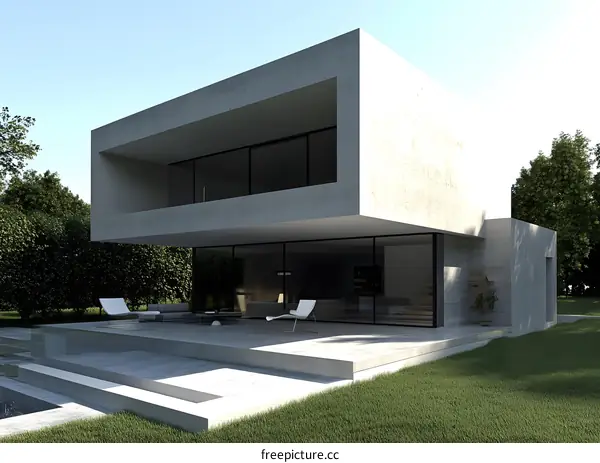 Modern Concrete House with Minimalist Design and Large Windows