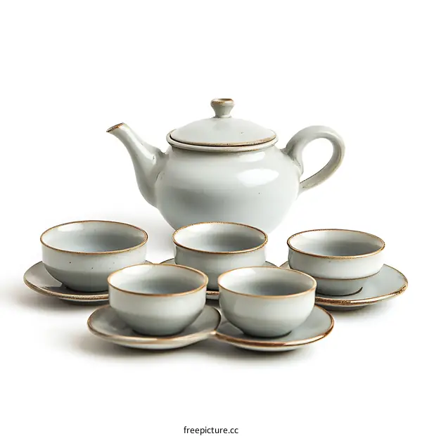 Gray Tea Set with Teapot and Cups on White Background