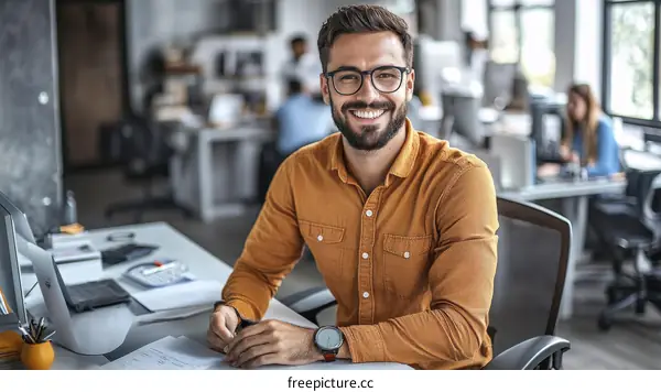 Smiling Businessman Working in Office